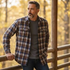 Faded Glory Plaid Flannel Shirt Mens Size L 42-44 Brown Blue Cream Long Sleeve